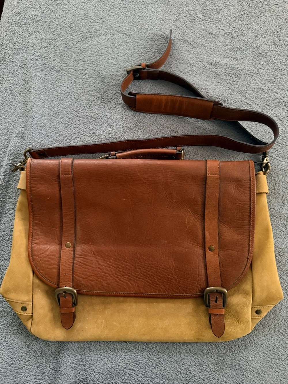 Genuine Leather and Suede Two-Tone Messenger Laptop Bag - Brown/Tan